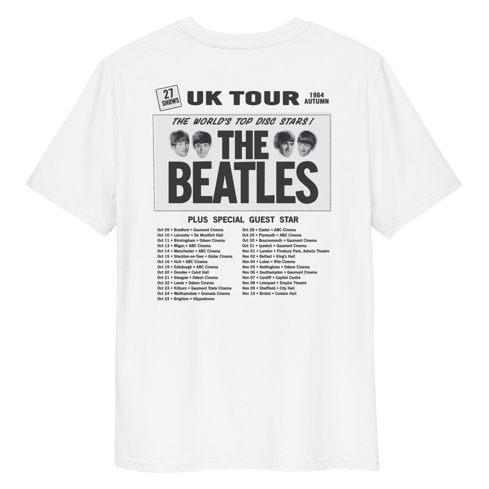 64 UK Tour Monochrome Print Drum Logo White T Shirt The Beatles